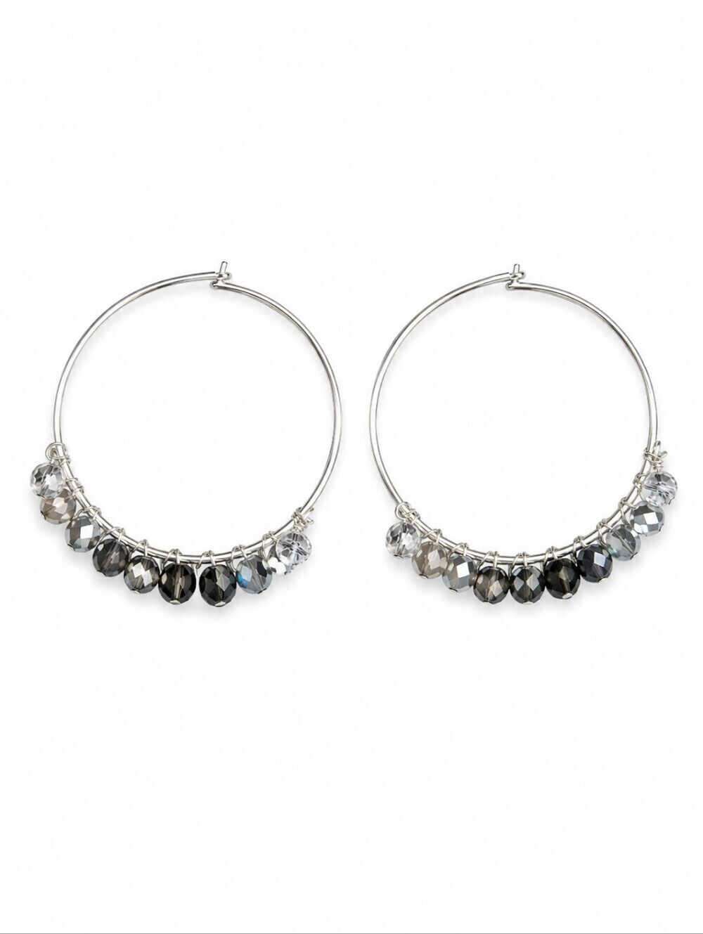 STERLING Gray Silver Crystal Beaded Wire Wrapped Hoop Huggie Earrings